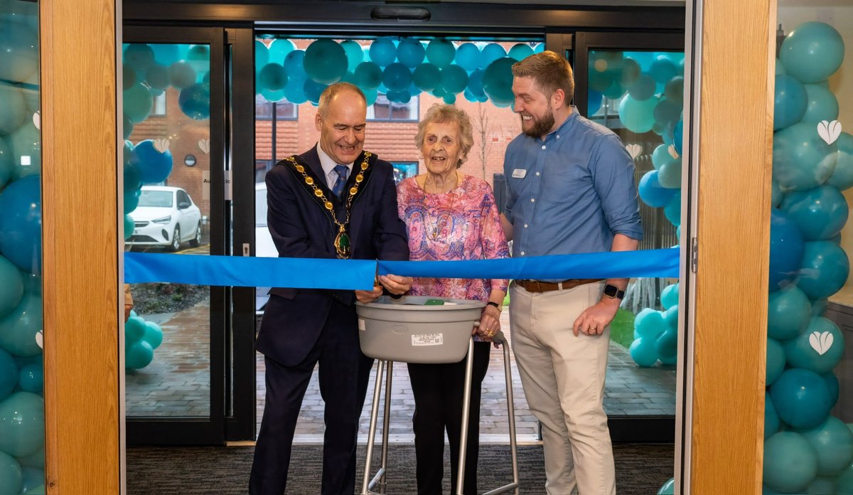 Ribbon-cutting at the Gateford Lodge opening — the Mayor of Worksop, a resident and a team member